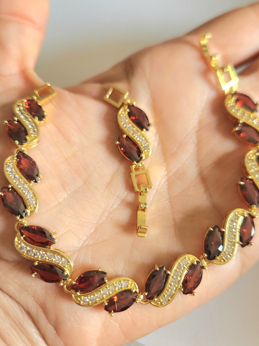 New 18K Gold Plated Marquise Cut Ruby Diamond Bracelet for Women with Extender